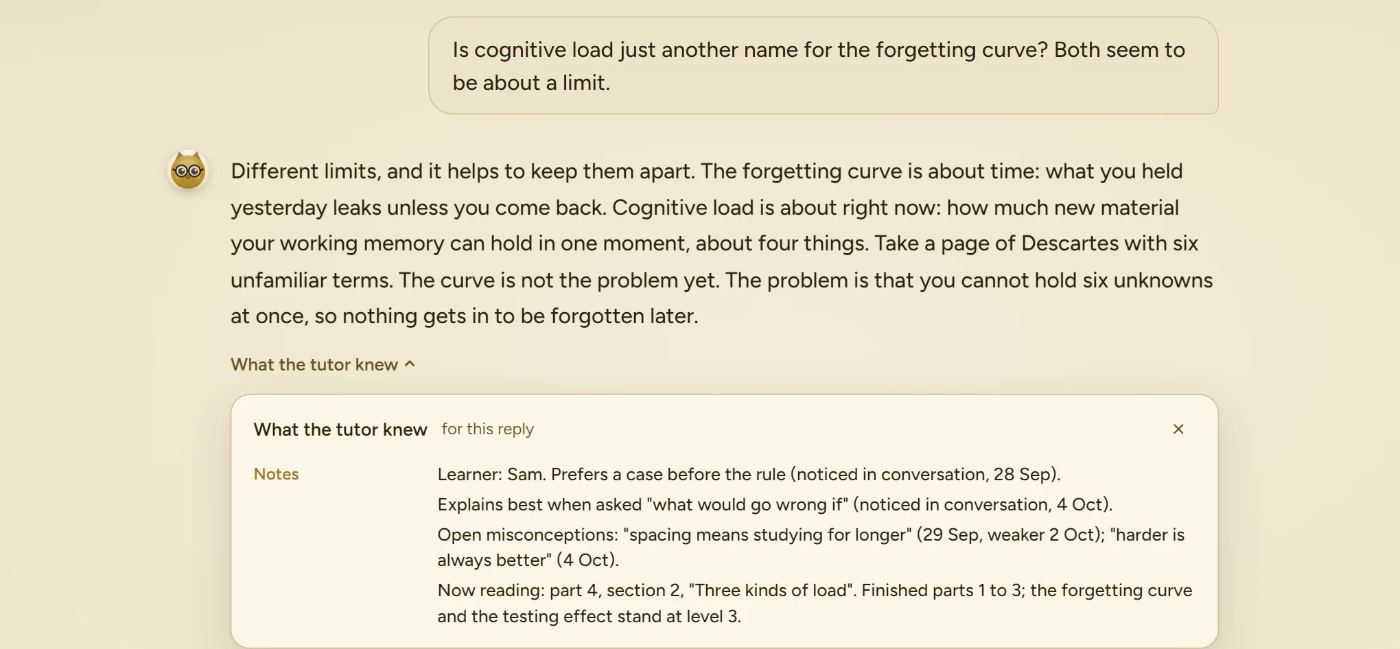 A tutor reply with What the tutor knew opened under it: four lines about the learner, each with where it came from