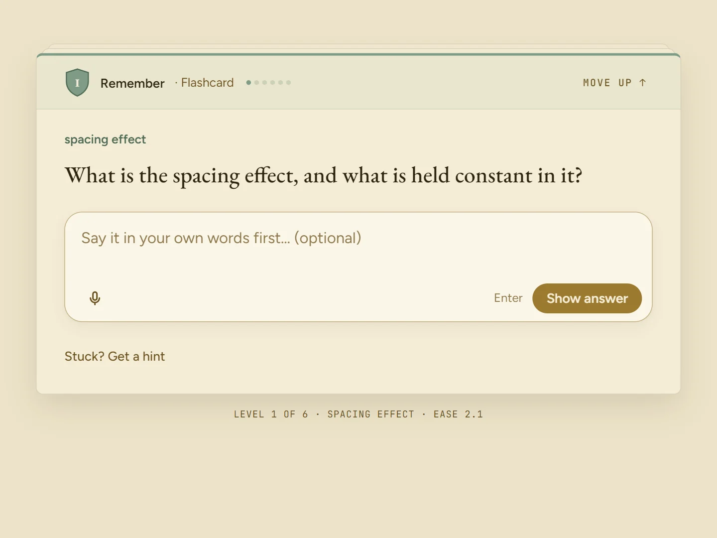 A study session card: a question about the alterity relation, a box to say it in your own words first, and Show answer